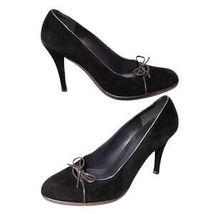 Stuart Weitzman Heels Pump Suede Leather Bow Black Stiletto Shoes Womens 10